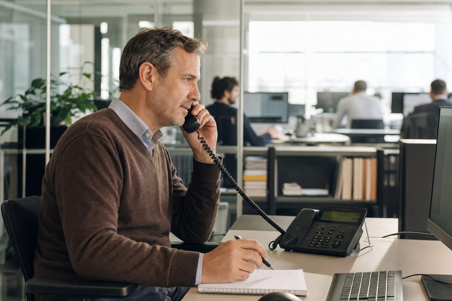 Recruiter im Büro am Telefon, daneben Notizblock und Tischapparat