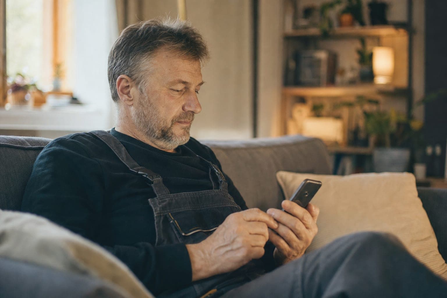 Fachkraft zuhause auf dem Sofa mit dem Telefon in der Hand